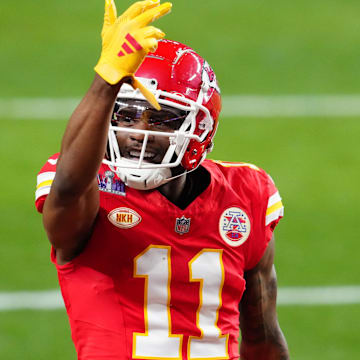 Feb 11, 2024; Paradise, Nevada, USA; Kansas City Chiefs wide receiver Marquez Valdes-Scantling (11) celebrates a touchdown catch against the San Francisco 49ers in the second half in Super Bowl LVIII at Allegiant Stadium. Mandatory Credit: Stephen R. Sylvanie-Imagn Images