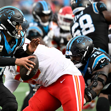 Nov 24, 2024; Charlotte, North Carolina, USA; Carolina Panthers quarterback Bryce Young (9) scrambles in the fourth quarter at Bank of America Stadium. Mandatory Credit: Bob Donnan-Imagn Images