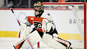 Oct 16, 2025; Philadelphia, Pennsylvania, USA; Philadelphia Flyers goaltender Samuel Ersson (33) against the Winnipeg Jets at Wells Fargo Center. Mandatory Credit: Eric Hartline-Imagn Images