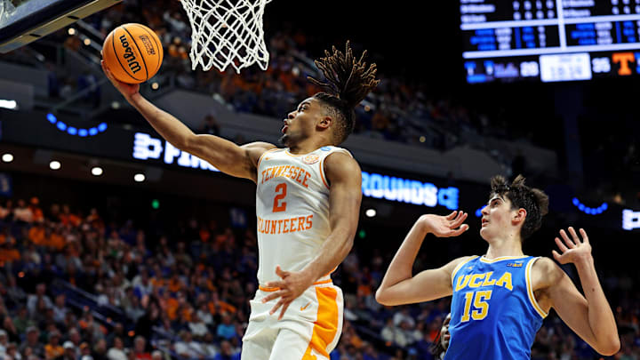 Mar 22, 2025; Lexington, KY, USA; Tennessee Volunteers guard Chaz Lanier (2) shoots the ball against UCLA Bruins center Aday Mara (15) during the second half in the second round of the NCAA Tournament at Rupp Arena. Mandatory Credit: Jordan Prather-Imagn Images