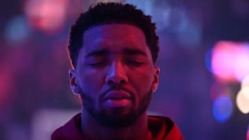 Donovan Mitchell #45 of the Cleveland Cavaliers focuses before facing the New Orleans Pelicans.