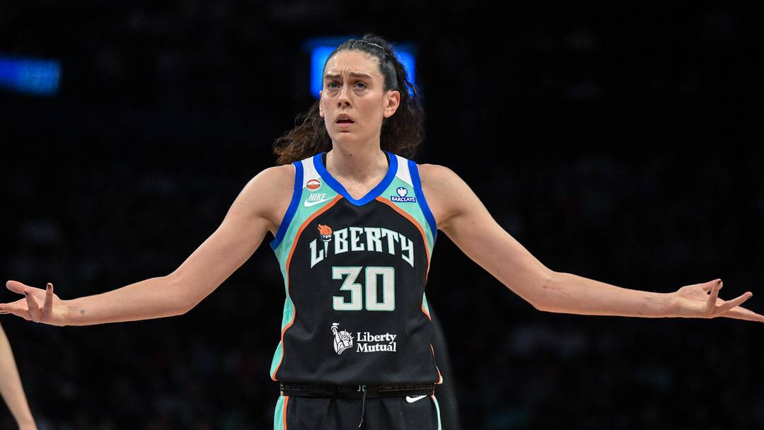 May 25, 2026; Brooklyn, New York, USA; New York Liberty forward Breanna Stewart (30) reacts to a call during the first half against the Portland Fire at Barclays Center. Mandatory Credit: John Jones-Imagn Images