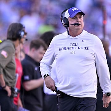 Nov 8, 2025; Fort Worth, Texas, USA; TCU Horned Frogs head coach Sonny Dykes looks on during the first half against the Iowa State Cyclones at Amon G. Carter Stadium. Mandatory Credit: Jerome Miron-Imagn Images