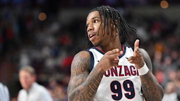 Nov 4, 2024; Spokane, Washington, USA; Gonzaga Bulldogs guard Khalif Battle (99) celebrates a three-point basket against the Baylor Bears in the second half at Spokane Arena. Mandatory Credit: James Snook-Imagn Images