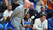 Mar 22, 2025; Lexington, KY, USA; UCLA Bruins head coach Mick Cronin reads during the second half against the Tennessee Volunteers in the second round of the NCAA Tournament at Rupp Arena. Mandatory Credit: Aaron Doster-Imagn Images