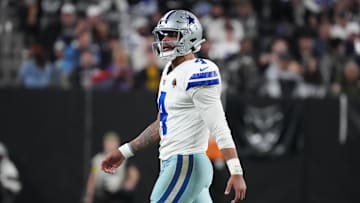 Nov 17, 2025; Paradise, Nevada, USA;  Dallas Cowboys quarterback Dak Prescott (4) walks onto the field against the Las Vegas Raiders during the second half at Allegiant Stadium. Mandatory Credit: Kirby Lee-Imagn Images