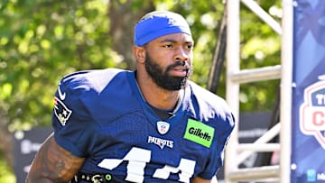 Jul 28, 2025; Foxborough, MA, USA; New England Patriots linebacker K'Lavon Chaisson (44) heads to the practice fields for training camp at Gillette Stadium. Mandatory Credit: Eric Canha-Imagn Images