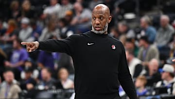 Apr 9, 2025; Salt Lake City, Utah, USA;  Portland Trail Blazers head coach Chancey Billups directs his players during the first half against the Utah Jazz at Delta Center. Mandatory Credit: Jamie Sabau-Imagn Images