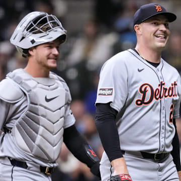 Apr 14, 2025; Milwaukee, Wisconsin, USA;  Detroit Tigers pitcher Tarik Skubal (29) smiles as he returns to the dugout following the fifth inning against the Milwaukee Brewers at American Family Field. 