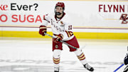 Feb 28, 2025; Chestnut Hill, MA, USA; Boston College forward James Hagens (10) skates against the University of New Hampshire Wildcats during the second period at Conte Forum. Mandatory Credit: Eric Canha-Imagn Images