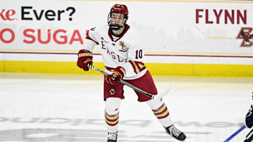Feb 28, 2025; Chestnut Hill, MA, USA; Boston College forward James Hagens (10) skates against the University of New Hampshire Wildcats during the second period at Conte Forum. Mandatory Credit: Eric Canha-Imagn Images