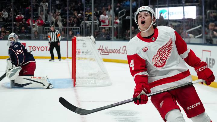 Sep 21, 2026; Columbus, Ohio, USA;  Detroit Red Wings defenseman Axel Sandin-Pellikka (44) reacts after missing his shot against the Columbus Blue Jackets during the shootout at Nationwide Arena. Mandatory Credit: Aaron Doster-Imagn Images