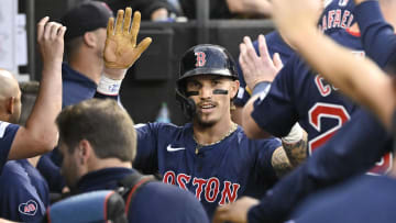 Jun 7, 2024; Chicago, Illinois, USA;  Boston Red Sox outfielder Jarren Duran (16) celebrates in the dugout after he scores against the Chicago White Sox during the third inning at Guaranteed Rate Field. Mandatory Credit: Matt Marton-USA TODAY Sports