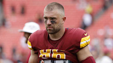 Sep 21, 2025; Landover, Maryland, USA; Washington Commanders tight end Zach Ertz (86) walks off the field after the game against the Las Vegas Raiders at Northwest Stadium. Mandatory Credit: Amber Searls-Imagn Images