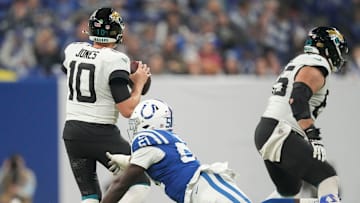 Indianapolis Colts defensive end Kwity Paye (51) misses the sack on Jacksonville Jaguars quarterback Mac Jones (10) on Sunday, Jan. 5, 2025, during a game against the Jacksonville Jaguars at Lucas Oil Stadium in Indianapolis.
