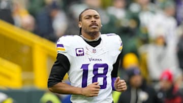 Nov 23, 2025; Green Bay, Wisconsin, USA;  Minnesota Vikings wide receiver Justin Jefferson (18) during the game against the Green Bay Packers at Lambeau Field. Mandatory Credit: Jeff Hanisch-Imagn Images