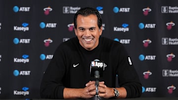Nov 3, 2025; Inglewood, California, USA; Miami Heat head coach Erik Spoelstra at press conference at the Intuit Dome. Mandatory Credit: Kirby Lee-Imagn Images