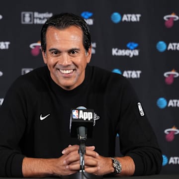 Nov 3, 2025; Inglewood, California, USA; Miami Heat head coach Erik Spoelstra at press conference at the Intuit Dome. Mandatory Credit: Kirby Lee-Imagn Images