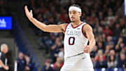 Feb 22, 2025; Spokane, Washington, USA; Gonzaga Bulldogs guard Ryan Nembhard (0) tries to get the crowd to cheer during a game against the St. Mary's Gaels in the first half at McCarthey Athletic Center. Mandatory Credit: James Snook-Imagn Images