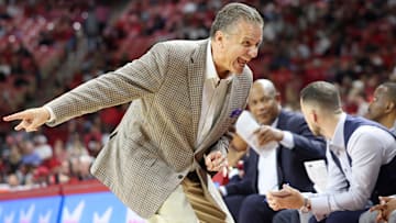 Nov 25, 2024; Fayetteville, Arkansas, USA; Arkansas Razorbacks head coach John Calipari reacts toward the bench during the second half against the Maryland Eastern Shore Hawks at Bud Walton Arena. Arkansas won 109-35. Mandatory Credit: Nelson Chenault-Imagn Images