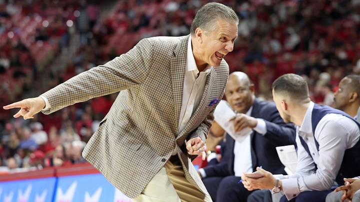 Nov 25, 2024; Fayetteville, Arkansas, USA; Arkansas Razorbacks head coach John Calipari reacts toward the bench during the second half against the Maryland Eastern Shore Hawks at Bud Walton Arena. Arkansas won 109-35. Mandatory Credit: Nelson Chenault-Imagn Images