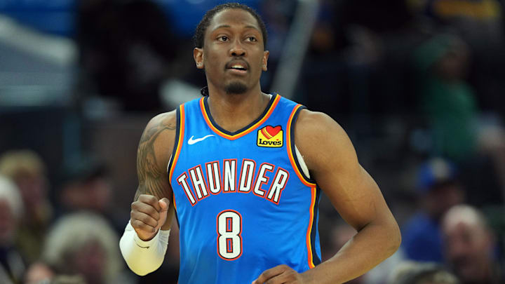 Jan 2, 2026; San Francisco, California, USA; Oklahoma City Thunder guard Jalen Williams (8) during the third quarter against the Golden State Warriors at Chase Center. Mandatory Credit: Darren Yamashita-Imagn Images