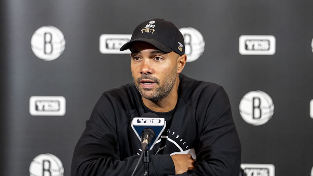 Oct 17, 2025; Toronto, Ontario, CAN; Brooklyn Nets Head Coach Jordi Fernandez speaks at a press conference before playing the Toronto Raptors at Scotiabank Arena. Mandatory Credit: Kevin Sousa-Imagn Images