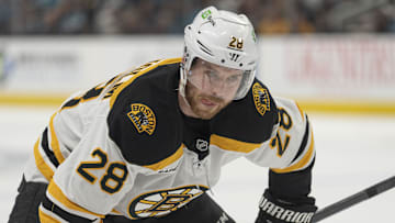 Mar 22, 2025; San Jose, California, USA;  Boston Bruins center Elias Lindholm (28) during the first period against the San Jose Sharks at SAP Center at San Jose. Mandatory Credit: Stan Szeto-Imagn Images