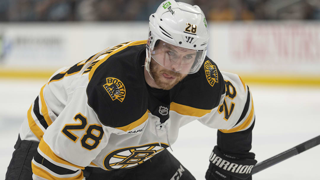 Mar 22, 2025; San Jose, California, USA;  Boston Bruins center Elias Lindholm (28) during the first period against the San Jose Sharks at SAP Center at San Jose. Mandatory Credit: Stan Szeto-Imagn Images