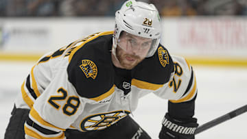 Mar 22, 2025; San Jose, California, USA;  Boston Bruins center Elias Lindholm (28) during the first period against the San Jose Sharks at SAP Center at San Jose. Mandatory Credit: Stan Szeto-Imagn Images