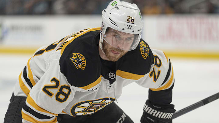 Mar 22, 2025; San Jose, California, USA;  Boston Bruins center Elias Lindholm (28) during the first period against the San Jose Sharks at SAP Center at San Jose. Mandatory Credit: Stan Szeto-Imagn Images