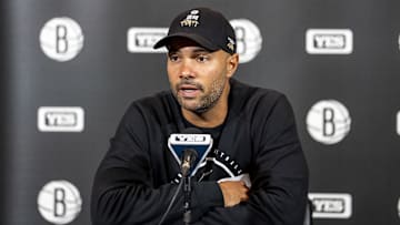Oct 17, 2025; Toronto, Ontario, CAN; Brooklyn Nets Head Coach Jordi Fernandez speaks at a press conference before playing the Toronto Raptors at Scotiabank Arena. Mandatory Credit: Kevin Sousa-Imagn Images