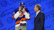 Jun 27, 2025; Los Angeles, California, USA; Matthew Schaefer is selected as the first overall pick to the New York Islanders in the first round of the 2025 NHL Draft at Peacock Theater. Mandatory Credit: Kirby Lee-Imagn Images