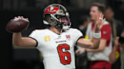 Oct 26, 2025; New Orleans, Louisiana, USA; Tampa Bay Buccaneers quarterback Baker Mayfield (6) warms up before a game against the New Orleans Saints  at Caesars Superdome. 