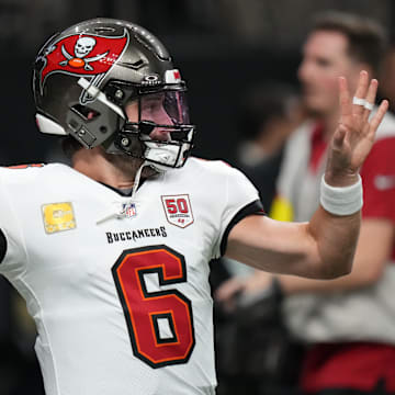 Oct 26, 2025; New Orleans, Louisiana, USA; Tampa Bay Buccaneers quarterback Baker Mayfield (6) warms up before a game against the New Orleans Saints  at Caesars Superdome. Mandatory Credit: Matthew Hinton-Imagn Images