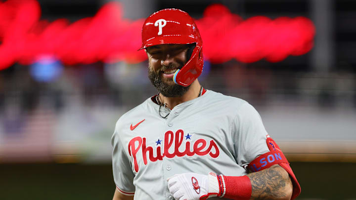 Sep 6, 2024; Miami, Florida, USA; Philadelphia Phillies left fielder Weston Wilson reacts after hitting a single.