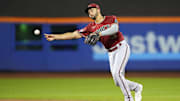 Sep 13, 2023; New York City, New York, USA; Arizona Diamondbacks shortstop Jordan Lawlar (10) throws out New York Mets right Fielder DJ Steward (not pictured) after fielding a ground ball during the fourth inning at Citi Field. Mandatory Credit: Gregory Fisher-Imagn Images