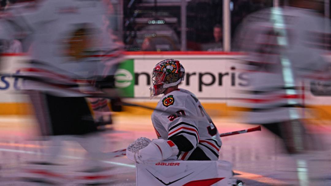 Mar 26, 2026; Philadelphia, Pennsylvania, USA; Chicago Blackhawks goaltender Spencer Knight (30) before game against the Philadelphia Flyers at Xfinity Mobile Arena. Mandatory Credit: Eric Hartline-Imagn Images