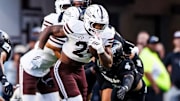 Mississippi State Running Back Fluff Bothwell (#24) during the game between the Texas A&M Aggies and the Mississippi State Bulldogs at Kyle Field in College Station, TX.