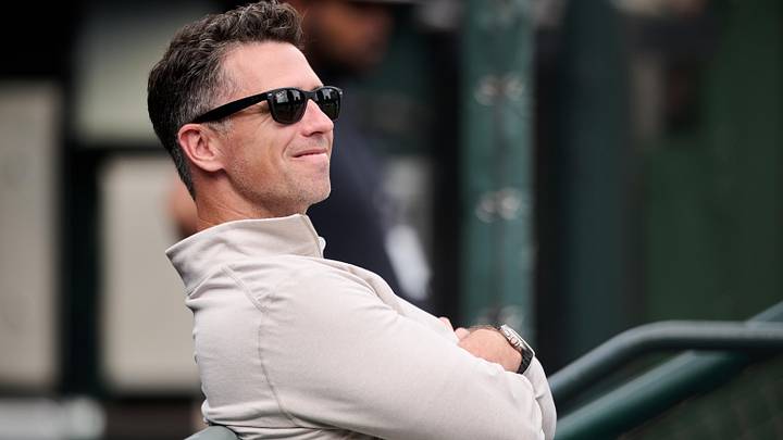 Sep 9, 2025; San Francisco, California, USA; San Francisco Giants president of baseball operations Buster Posey sits in the dugout before the game against the Arizona Diamondbacks at Oracle Park. Mandatory Credit: Robert Edwards-Imagn Images