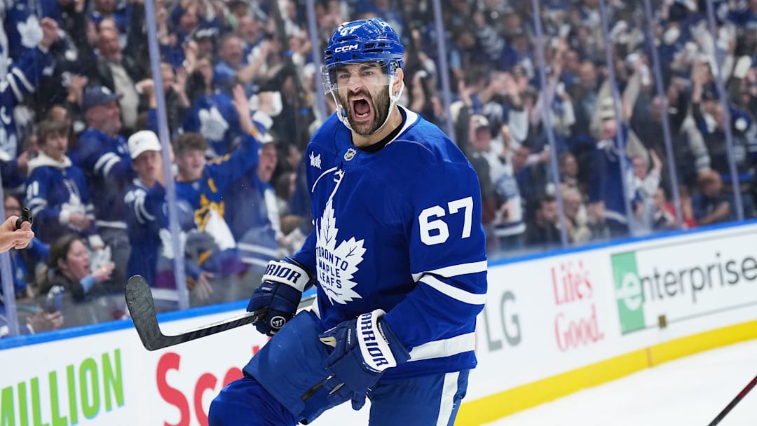 May 7, 2025; Toronto, Ontario, CAN; Toronto Maple Leafs left wing Max Pacioretty (67) celebrates after scoring a goal against the Florida Panthers during the first period in game two of the second round of the 2025 Stanley Cup Playoffs at Scotiabank Arena. Mandatory Credit: Nick Turchiaro-Imagn Images