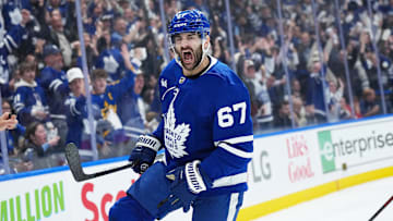 May 7, 2025; Toronto, Ontario, CAN; Toronto Maple Leafs left wing Max Pacioretty (67) celebrates after scoring a goal against the Florida Panthers during the first period in game two of the second round of the 2025 Stanley Cup Playoffs at Scotiabank Arena. Mandatory Credit: Nick Turchiaro-Imagn Images