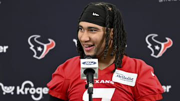Jun 10, 2025; Houston, TX, USA; Houston Texans quarterback C.J. Stroud speaks at a press conference after an NFL football minicamp at NRG Stadium. Mandatory Credit: Maria Lysaker-Imagn Images 