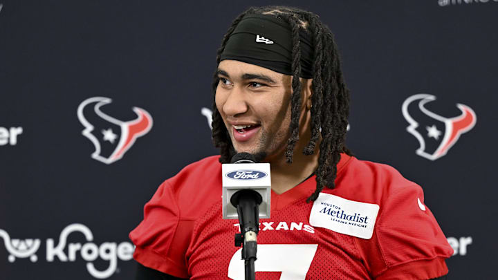 Jun 10, 2025; Houston, TX, USA; Houston Texans quarterback C.J. Stroud speaks at a press conference after an NFL football minicamp at NRG Stadium. Mandatory Credit: Maria Lysaker-Imagn Images 