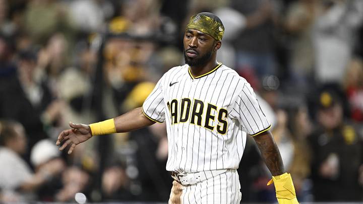 Jun 8, 2026; San Diego, California, USA; San Diego Padres left fielder Samad Taylor (0) scores during the eighth inning against the Cincinnati Reds at Petco Park. Mandatory Credit: Denis Poroy-Imagn Images