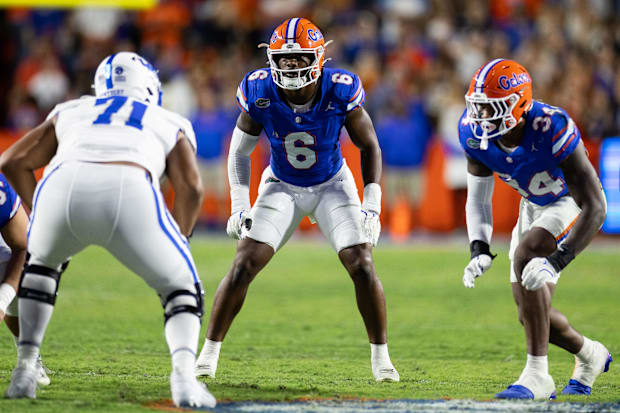 Florida Gators linebacker Shemar James and defensive end George Gumbs Jr. wait for the snap against the Kentucky Wildcats.