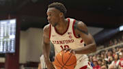 Mar 1, 2025; Stanford, California, USA;  Stanford Cardinal forward Chisom Okpara (10) during the first half against the Southern Methodist Mustangs at Maples Pavilion. Mandatory Credit: Stan Szeto-Imagn Images