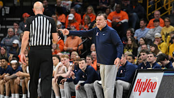 Mar 10, 2024; Iowa City, Iowa, USA; Illinois Fighting Illini head coach Brad Underwood reacts with