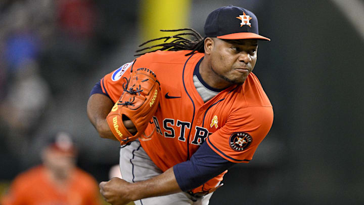 Sep 7, 2025; Arlington, Texas, USA; Houston Astros starting pitcher Framber Valdez (59) pitches against the Texas Rangers during the first inning at Globe Life Field.