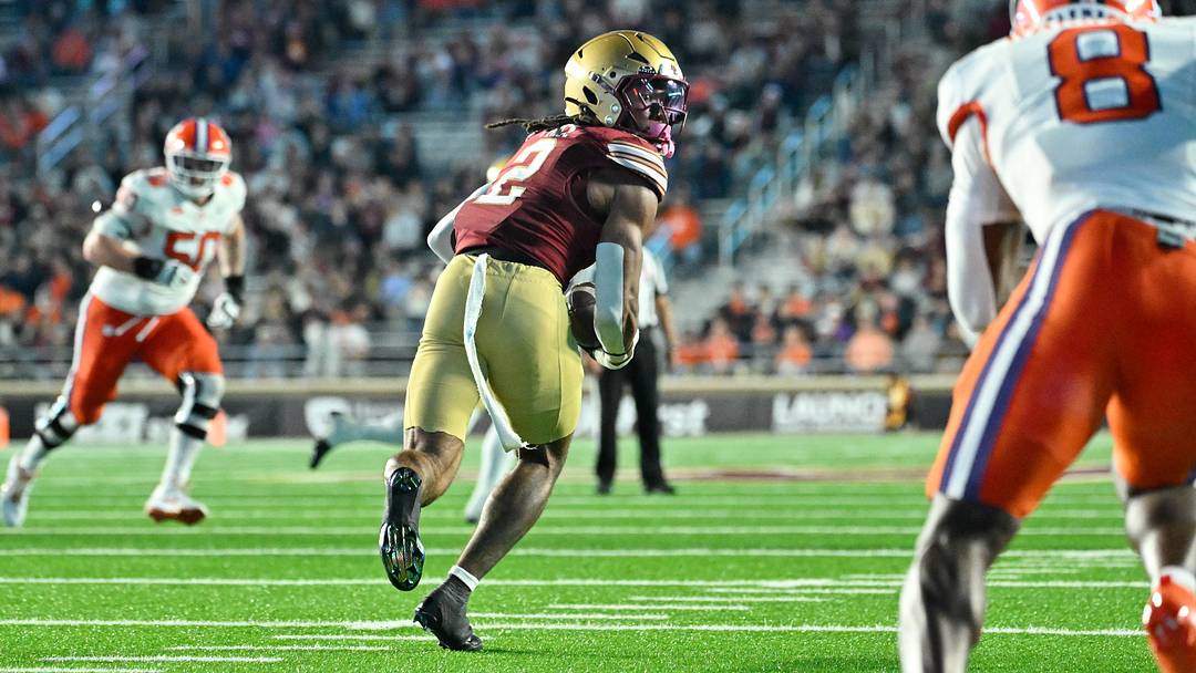 Oct 11, 2025; Chestnut Hill, Massachusetts, USA; Boston College Eagles defensive back KP Price (2) runs after intercepting a pass by Clemson Tigers quarterback Cade Klubnik (2) (not pictured) during the second half at Alumni Stadium. Mandatory Credit: Eric Canha-Imagn Images